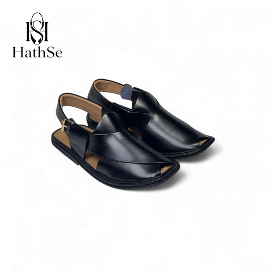 Black Shiny Smart Zalmi Peshawari Chappal | Premium Leather