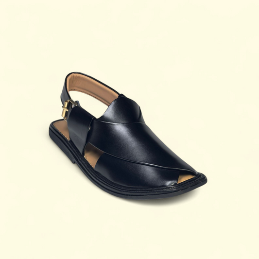 Black Shiny Smart Zalmi Peshawari Chappal | Premium Leather