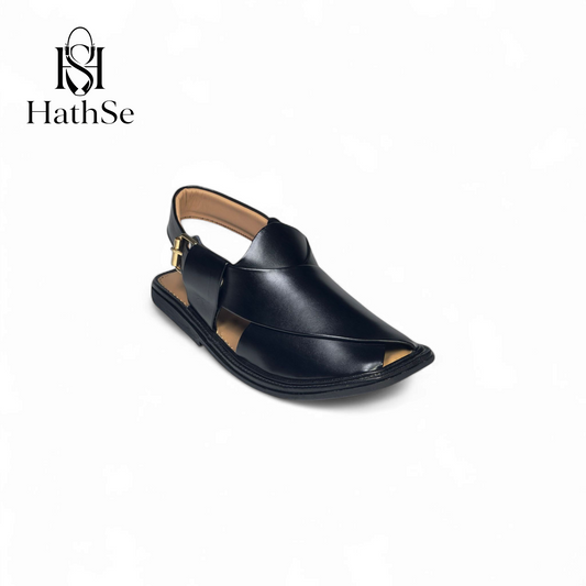 Black Shiny Smart Zalmi Peshawari Chappal | Premium Leather